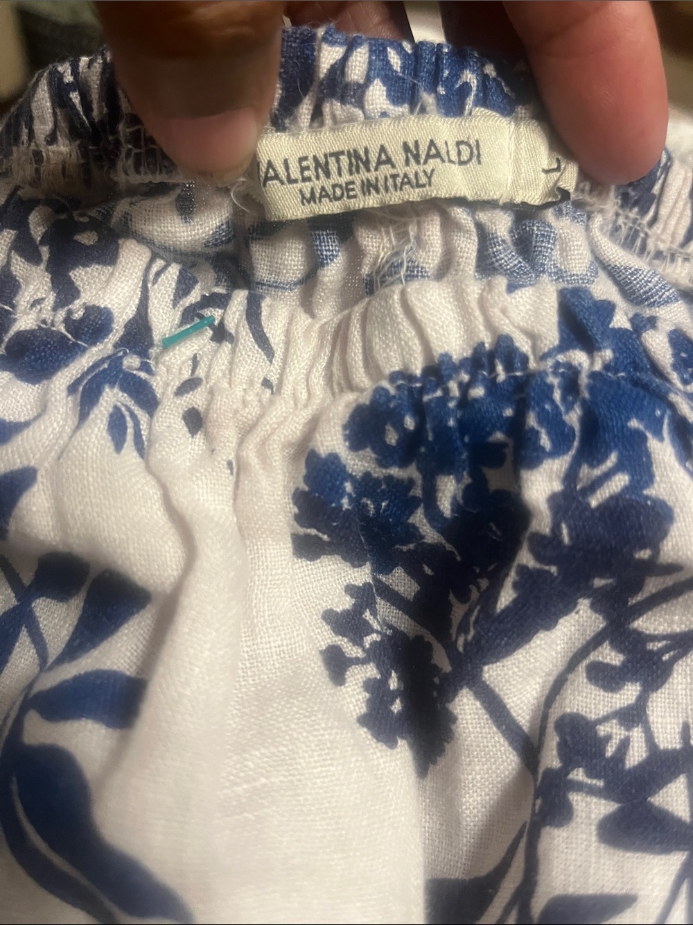 Valentina Naldi Italian Linen Floral Off-Shoulder Tunic Dress - Blue on Cream - Picture 6 of 10
